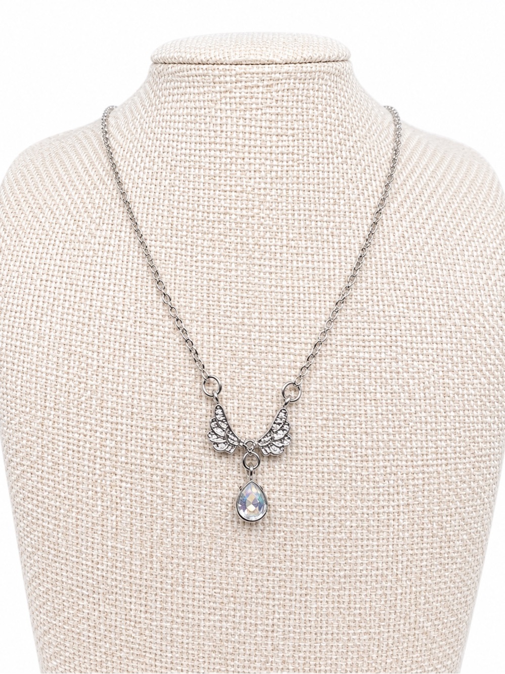 Angel Wing Crystal Teardrop Necklace Silver Tone Guardian Angel Pendant New